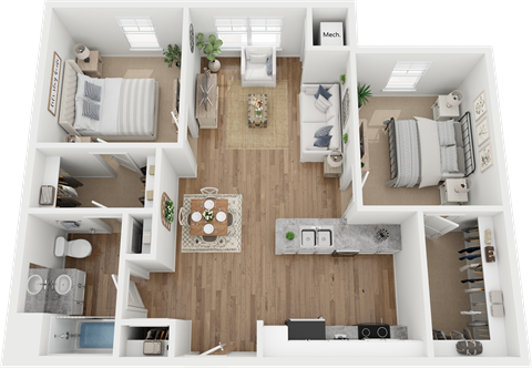 Floor plan for 2 beds, 1 bath, 870 sqft